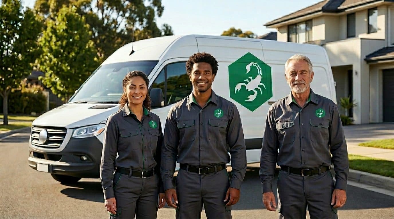 Equipe de controle de pragas ao lado da van da empresa